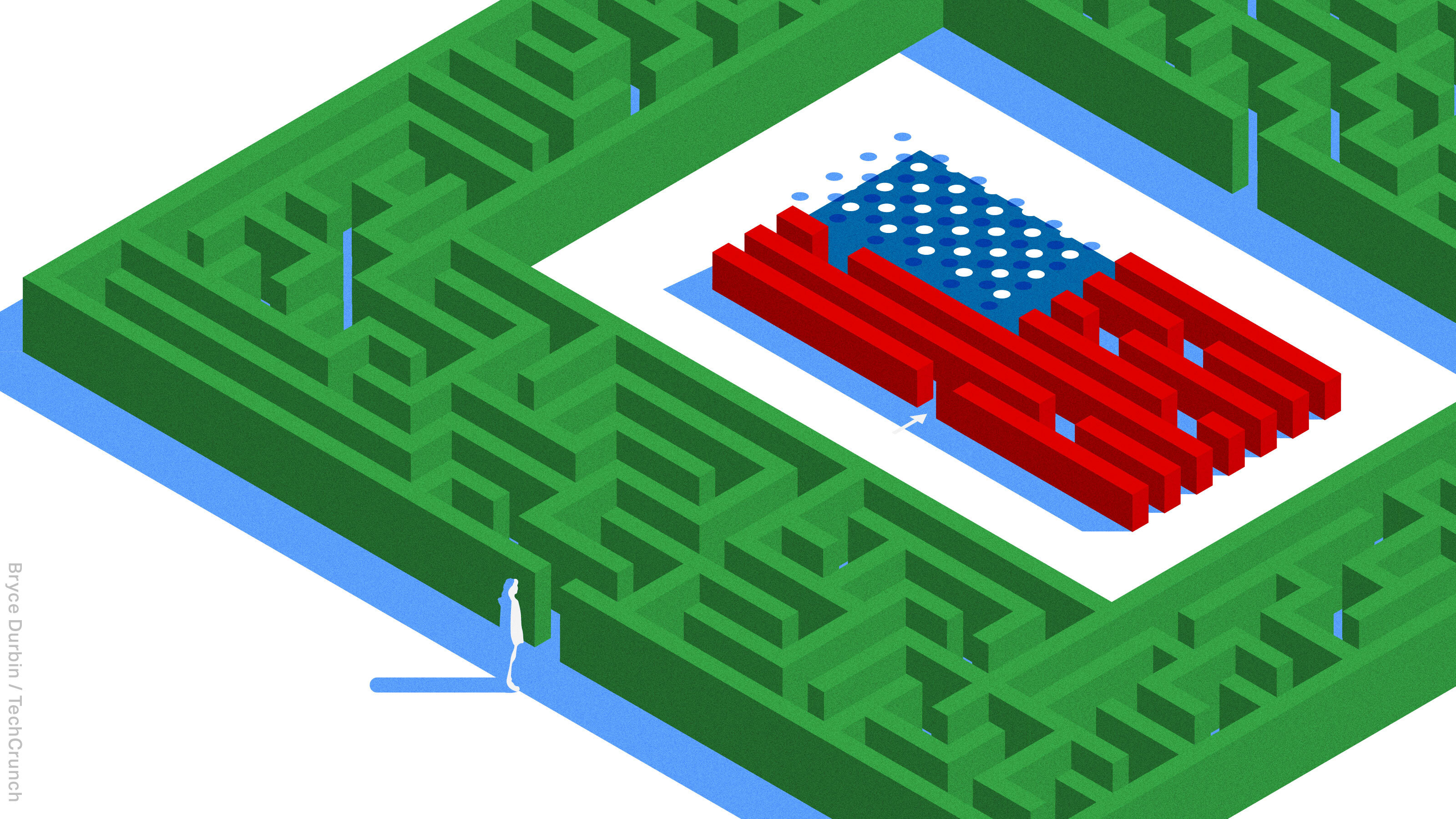 figure solitaire à l'entrée d'une haie labyrinthique dont le centre est occupé par un drapeau américain