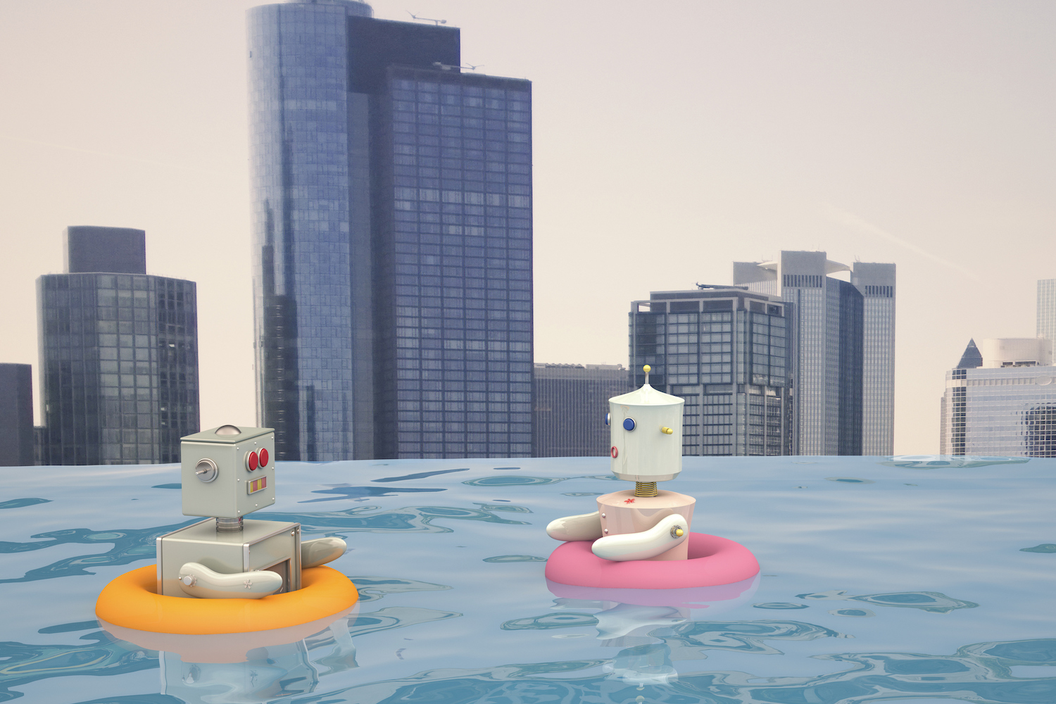 Robot mâle et femelle avec des pneus flottants nageant dans une piscine devant la ligne d'horizon de la ville, rendu 3D