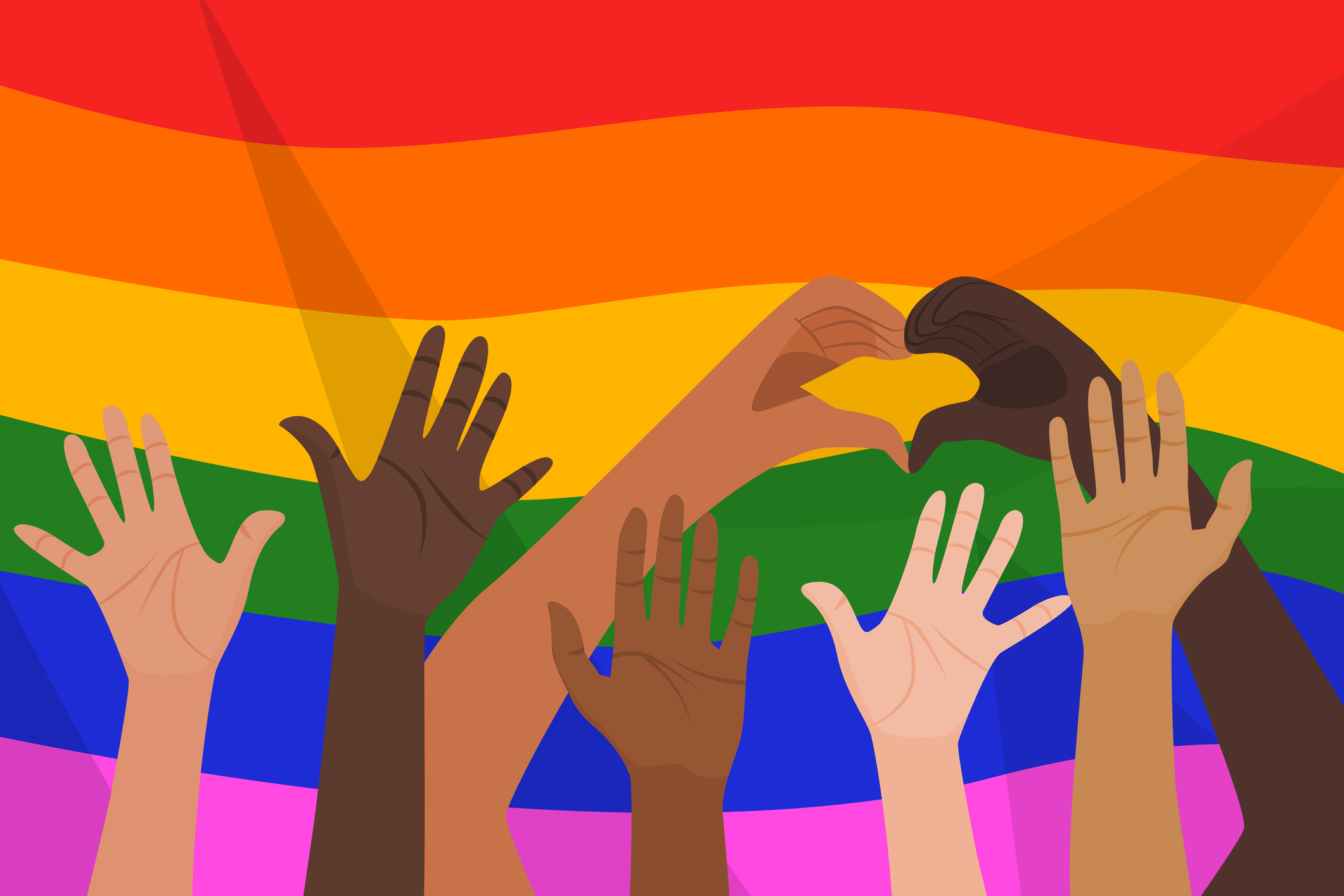 L'illustration de la diversité ethnique des LGBTQ montre des personnes qui lèvent les mains sur le drapeau arc-en-ciel pour montrer la diversité des personnes qui sont LGBTQ.
