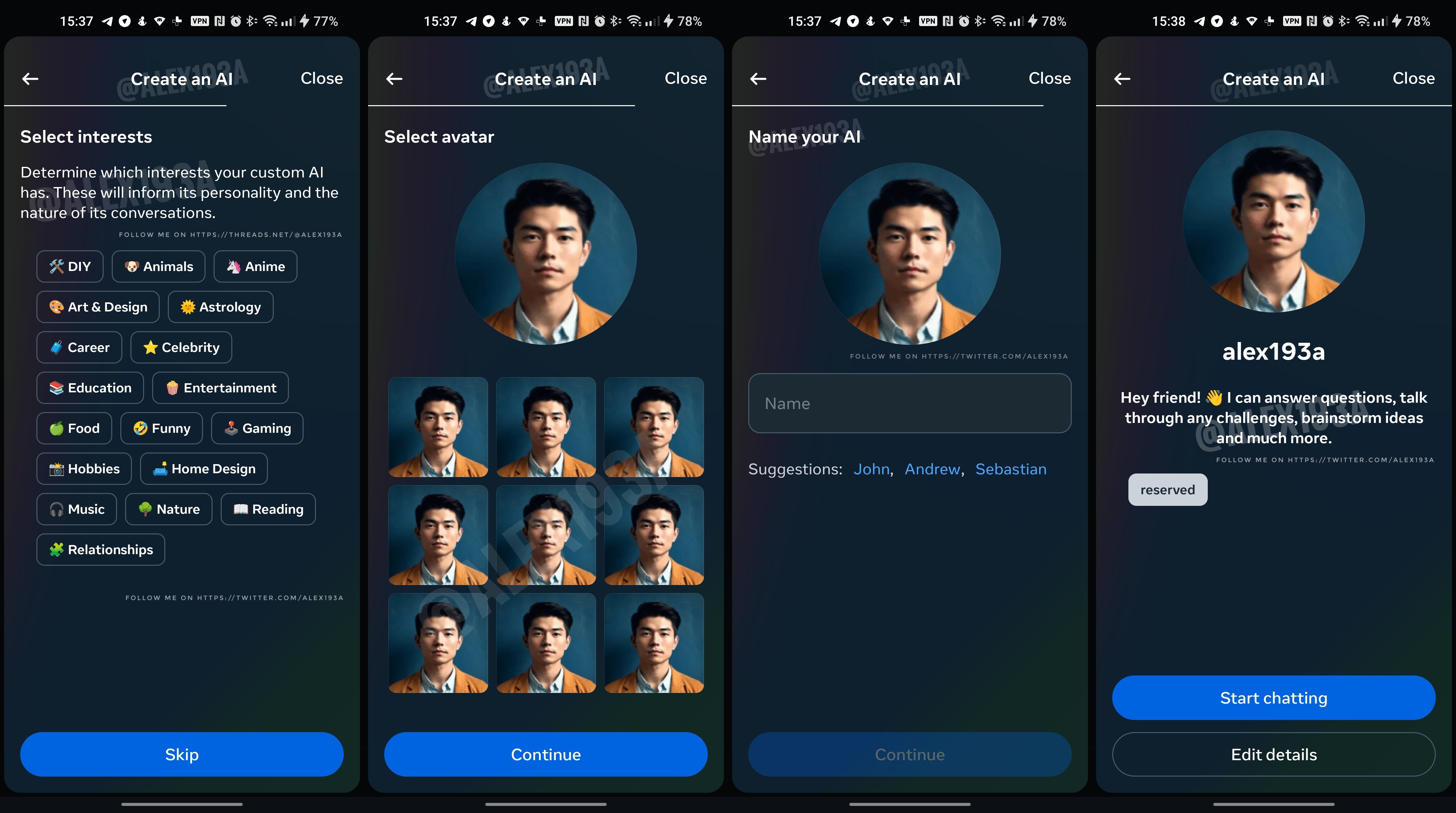 Captures d'écran d'une fonction d'amitié avec l'IA qu'Instagram est en train de développer.