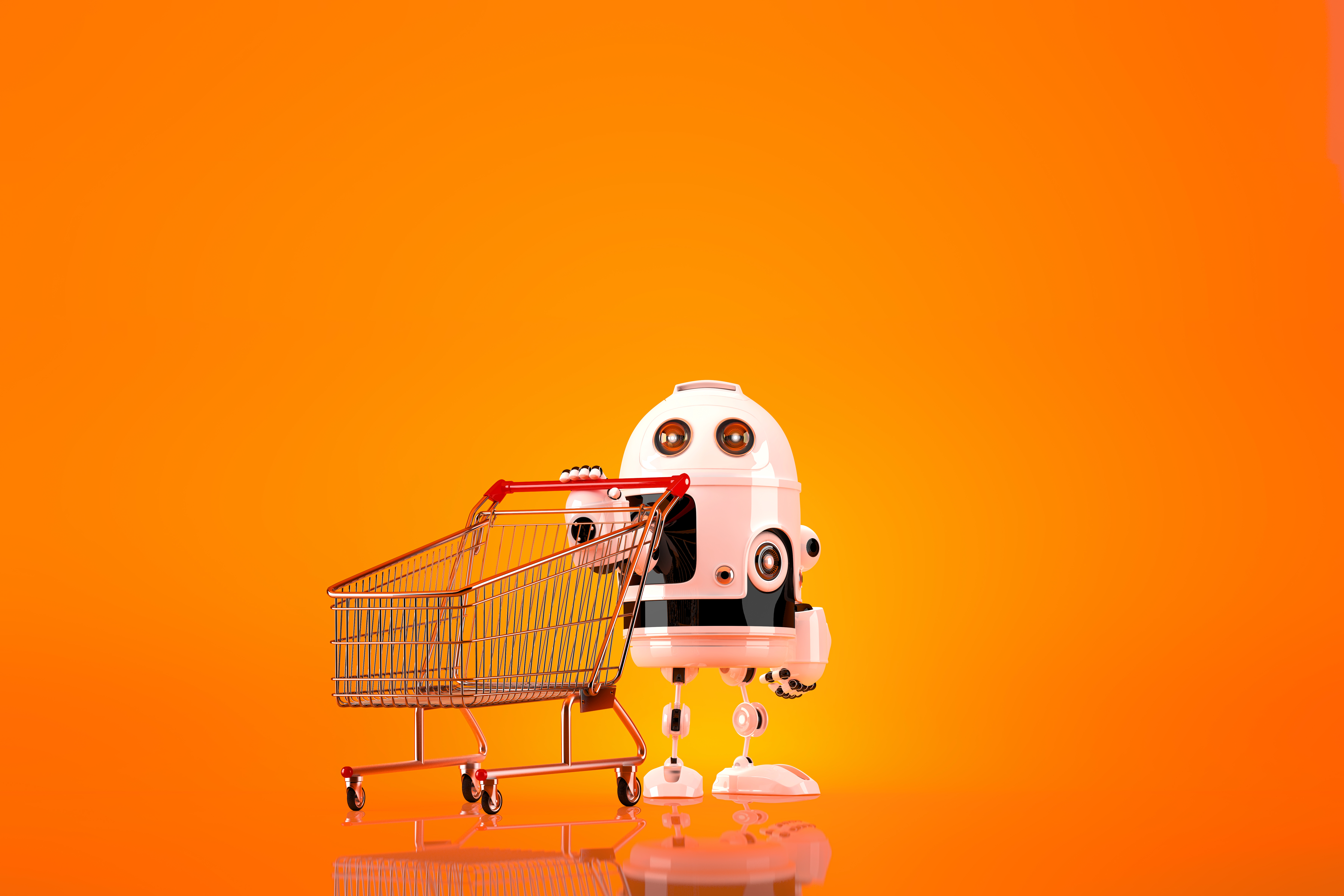 Image d'un robot avec un caddie sur fond orange.