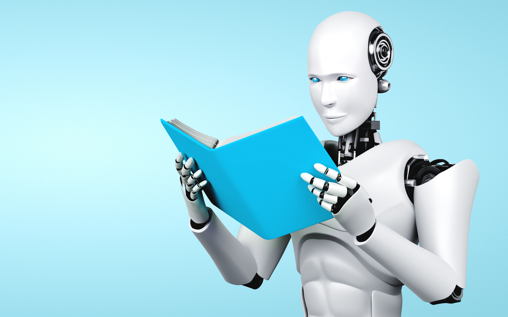 Illustration 3D d'un robot humanoïde lisant un livre dans le concept de la future intelligence artificielle et de la quatrième révolution industrielle. (Illustration 3D d'un robot humanoïde lisant un livre dans le cadre du concept de l'intelligence artificielle future et de la quatrième révolution industrielle.