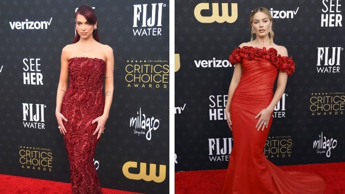 Des roses rouges partout ! Margot Robbie, Dua Lipa (et un peu Jeremy Allen White) coordonnent leurs looks aux Critics Choice Awards 2024.