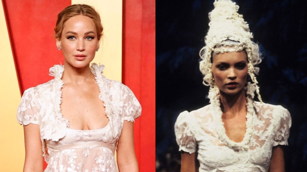 Jennifer Lawrence se met à la mode des archives avec la couture Givenchy portée il y a 28 ans par Kate Moss.